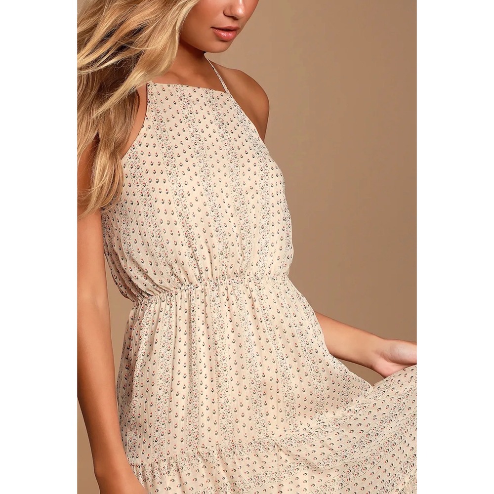 Lulus Sz M Brea Cream Floral Print Tiered Chiffon Maxi Dress Cottage Brunch Boho - Picture 4 of 11